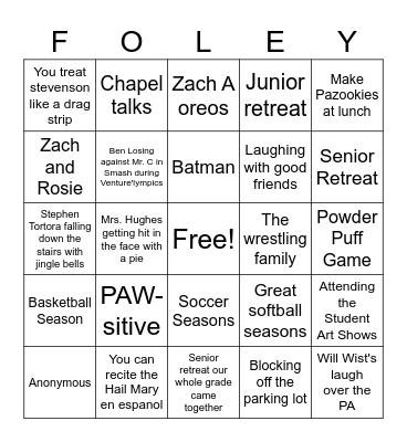 BFCHS 2026 Seniors Bingo Card