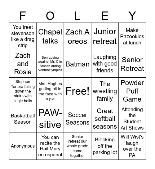 BFCHS 2026 Seniors Bingo Card