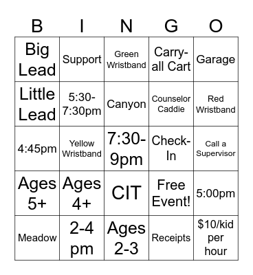 Evening Programs Training Bingo Card