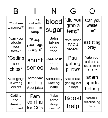 PACU PCT Bingo Card