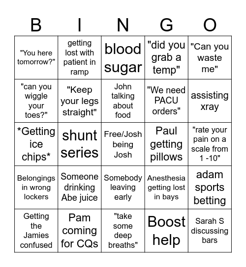 PACU PCT Bingo Card