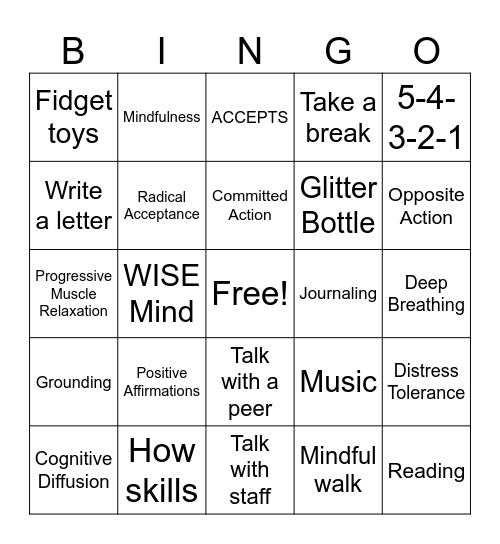 Coping Skill's Bingo Card