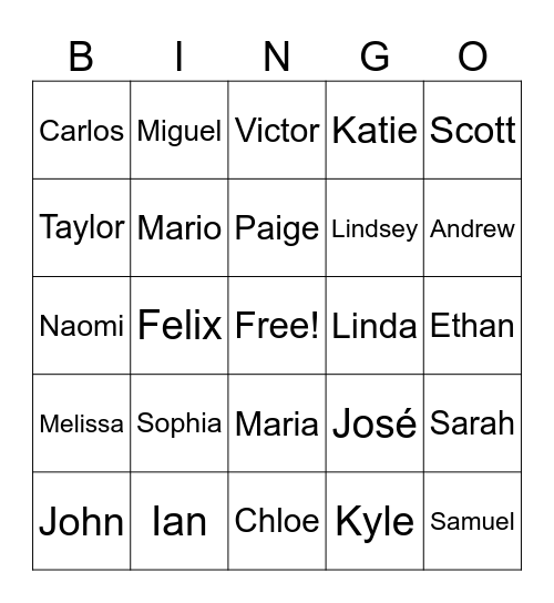 name game Bingo Card