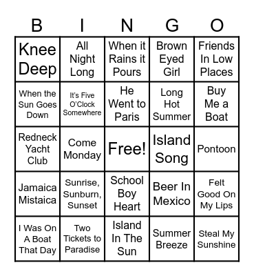 Margaritaville Music Bingo Card