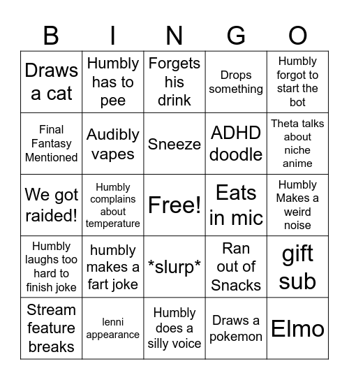 TTV HumblyMumbly Bingo Card