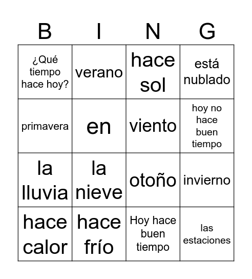 el tiempo y las estaciones Bingo Card