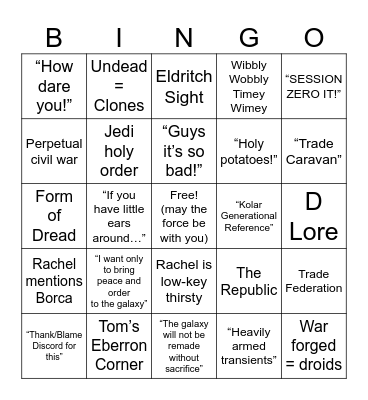 WWODL: Star Wars- Count Dooku Bingo Card