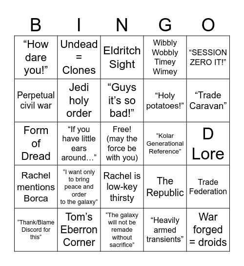 WWODL: Star Wars- Count Dooku Bingo Card