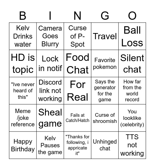 Kelv Bingo Card Bingo Card