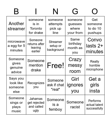 Streamer Omegle Bingo Card