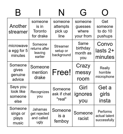 Streamer Omegle Bingo Card