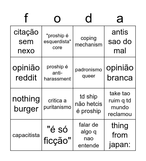 "why proshippers are good actually" Bingo Card