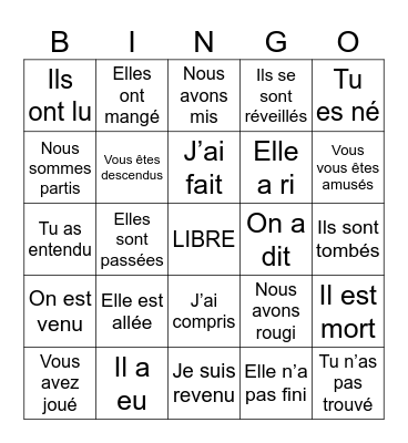 Passé Composé Bingo Card