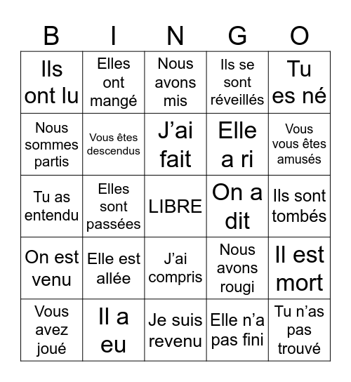 Passé Composé Bingo Card