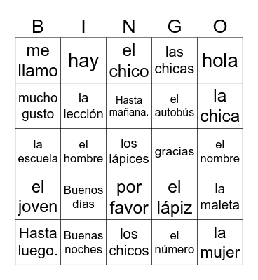 Spanish 1 - Lesson 1 Bingo Card