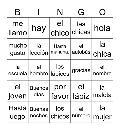 Spanish 1 - Lesson 1 Bingo Card