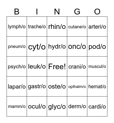 Medical Terminology Roots Bingo Card