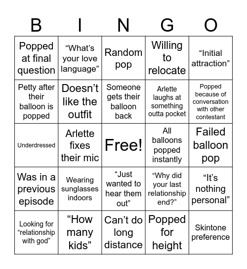 Pop the Balloon Bingo Card