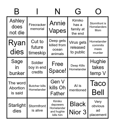 The Boys Finale Bingo Card