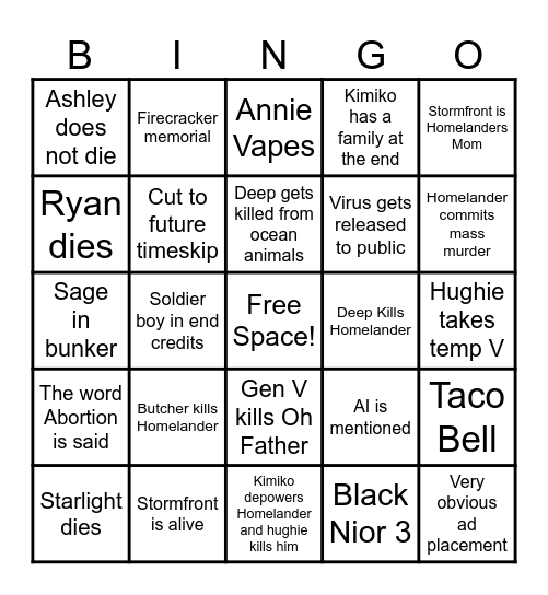 The Boys Finale Bingo Card