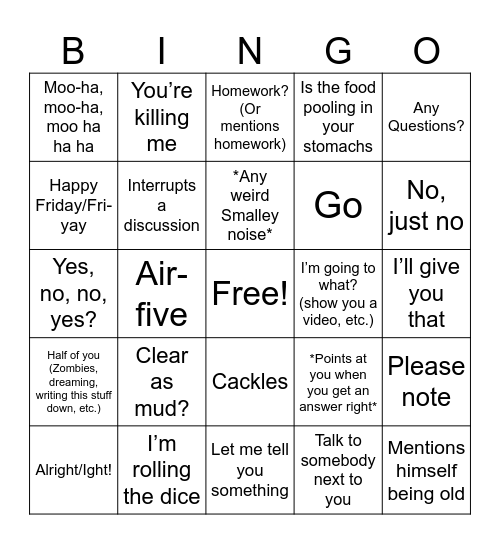 Smalley Bingo Card
