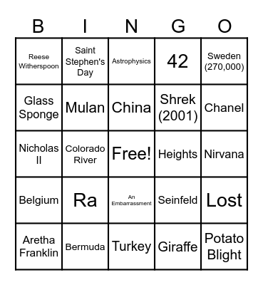 QUIZZY BINGO - Miscellaneous Knowledge Bingo Card