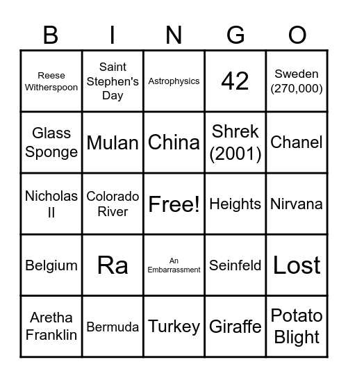 QUIZZY BINGO - Miscellaneous Knowledge Bingo Card