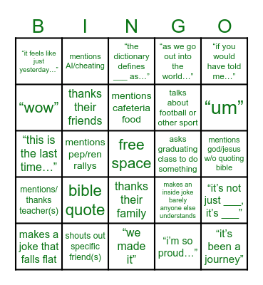 Valedictorian/Salutatorian Speech Bingo Card