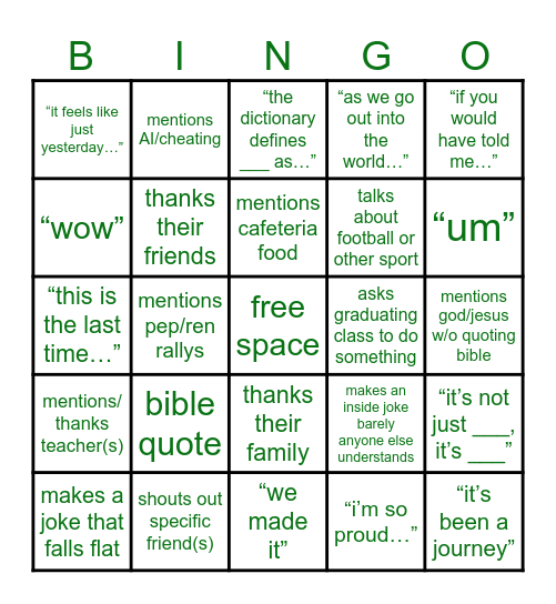 Valedictorian/Salutatorian Speech Bingo Card