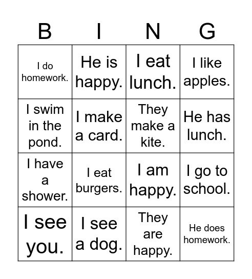 past tense Bingo Card