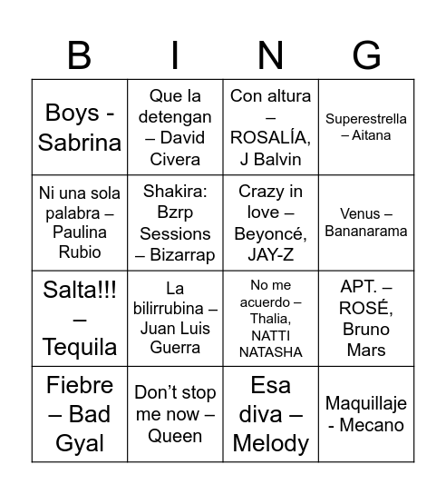 PARTIDA 1: HITS MIX Bingo Card