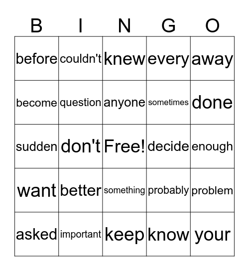 Sight Word Bingo  Bingo Card