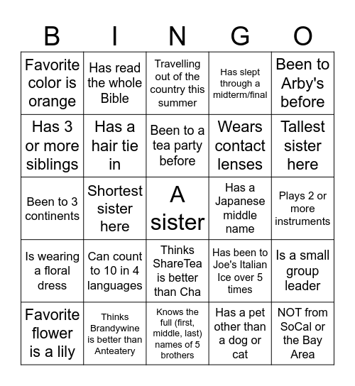 Sisters' Appreciation BINGO Card