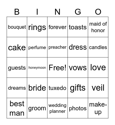 Wedding Dinner Party Bingo Card