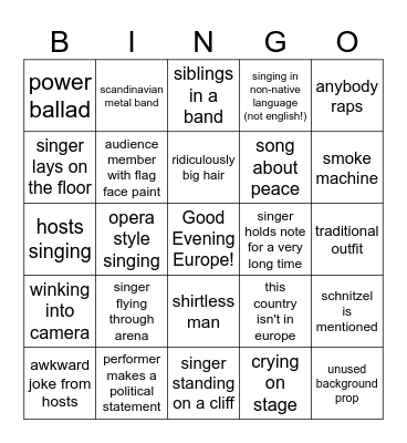 Eurovision 2026 Bingo Card