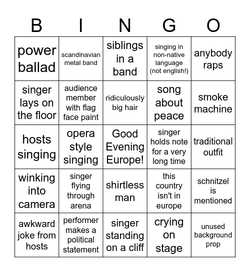 Eurovision 2026 Bingo Card