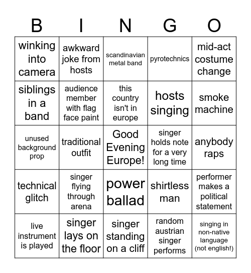 Eurovision 2026 Bingo Card