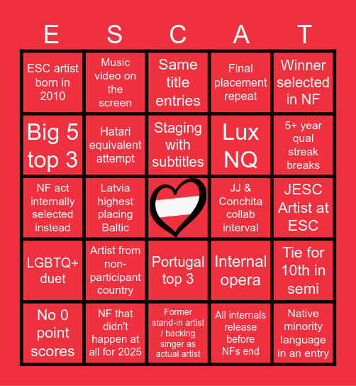 Eurovision 2026 Bingo Card