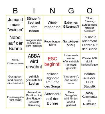 Eurovision Song Contest 2026 Bingo Card