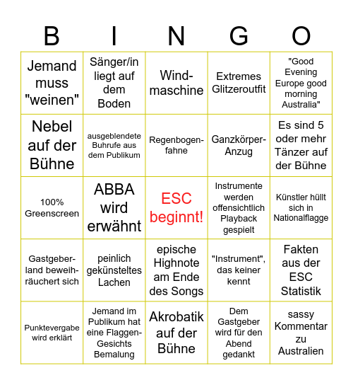 Eurovision Song Contest 2026 Bingo Card