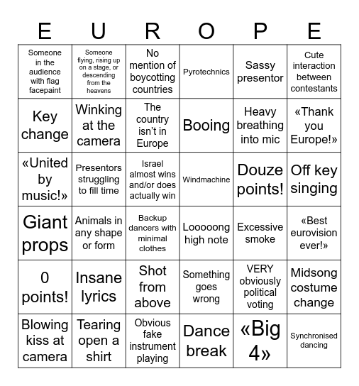 Eurovision Bingo 2026 Bingo Card