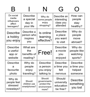 IELTS SPEAKING PART 2 & 3 Bingo Card