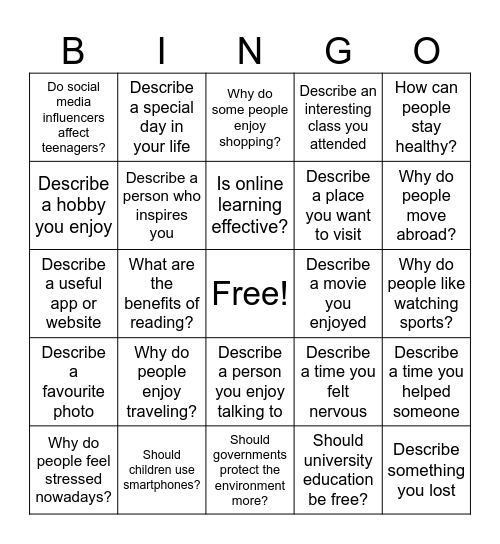 IELTS SPEAKING PART 2 & 3 Bingo Card