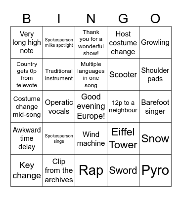 Eurovision Bingo! Bingo Card