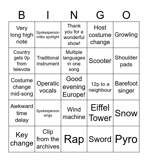 Eurovision Bingo! Bingo Card
