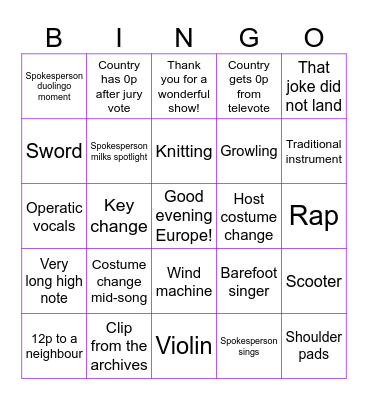 Eurovision Bingo! Bingo Card