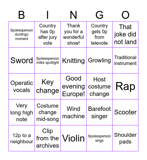 Eurovision Bingo! Bingo Card
