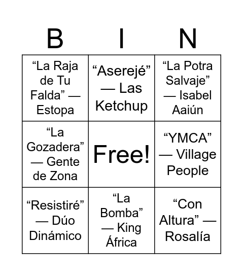 Bingo Musical Bingo Card
