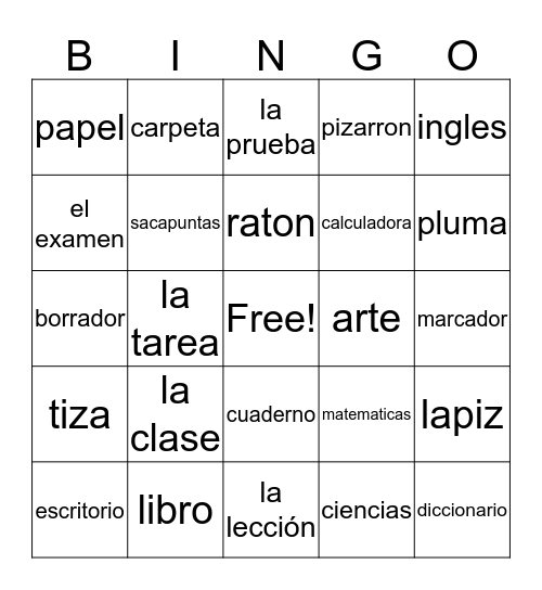 spanish bingo Card