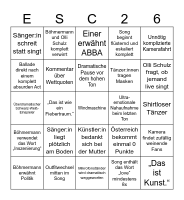 Eurovision Bullshit Bingo Card